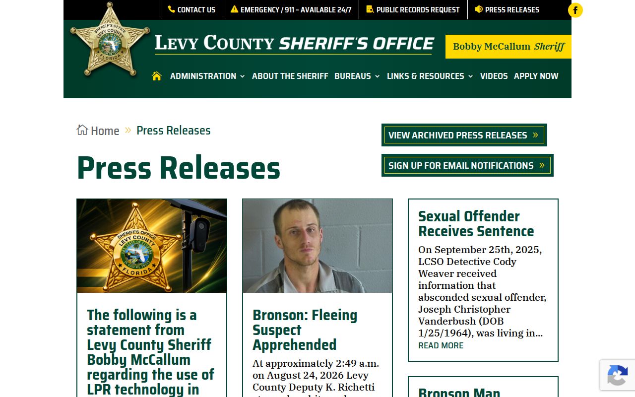 Levy County Sheriff press-release archive used as a selective multi-day arrest source