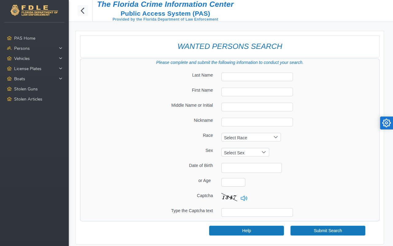 FDLE Wanted Persons Search fields and active-warrant verification warning