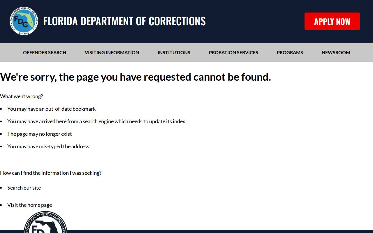 Florida Department of Corrections inmate search interface for state custody records