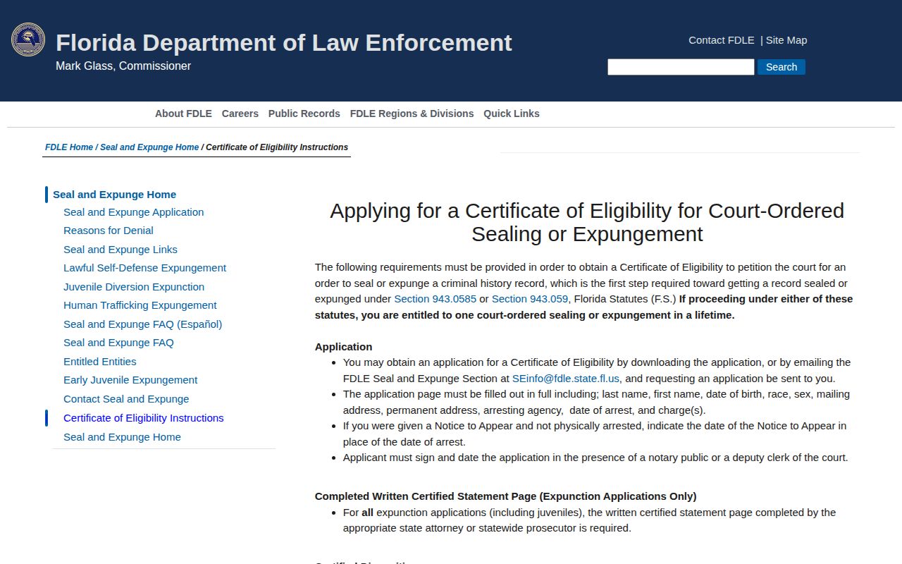 FDLE certificate of eligibility instructions for sealing or expunging a Florida criminal record